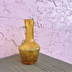Vintage Crackle Glass Mini Pitchers Vase Amber Yellow Art Glass Hand Blown